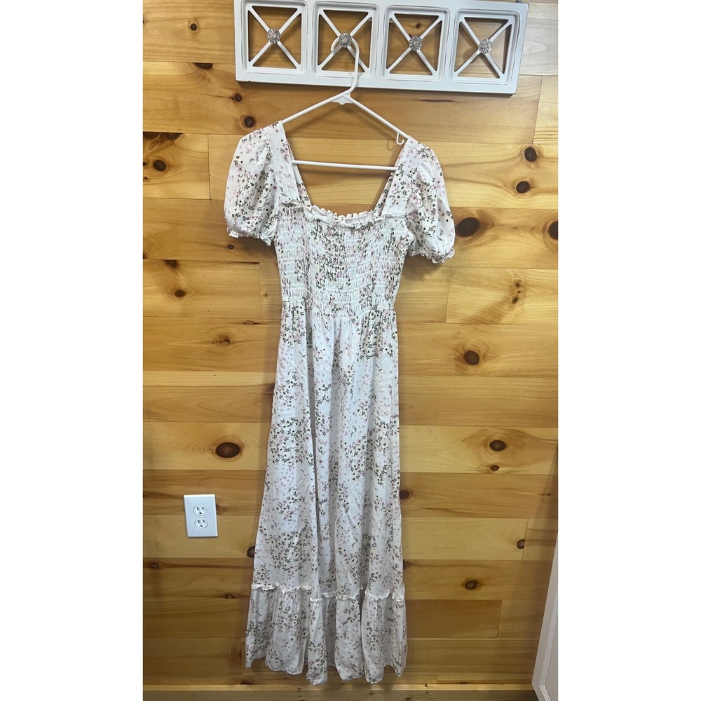 Bebop Floral Smocked Maxi Dress XS Cream Pink Cottagecore Puff Sleeve